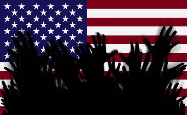 Le drapeau des États-Unis et les silhouettes des mains floues des fans acclamant devant lui — Photo