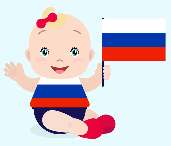 Gülümseyen bebek toddler, beyaz arka plan üzerinde izole bir Rusya bayrak tutan kız. — Stok Vektör
