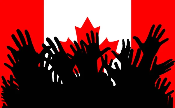 Hands up silhouettes on a Canada flag. Crowd of fans of soccer, games, cheerful people at a party. — Stock Vector
