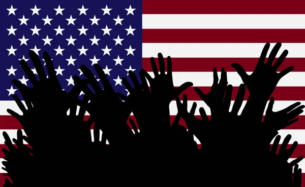Händerna upp silhuetter på en Amerika flagga. Skara av fans av fotboll, spel, glada personer på en fest. — Stock vektor