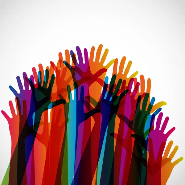 Silhouettes colorées mains en l'air sur un fond clair . — Image vectorielle