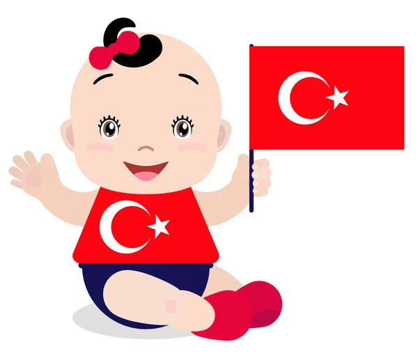 Gülümseyen bebek toddler, beyaz arka plan üzerinde izole bir Türkiye bayrak tutan kız. — Stok Vektör