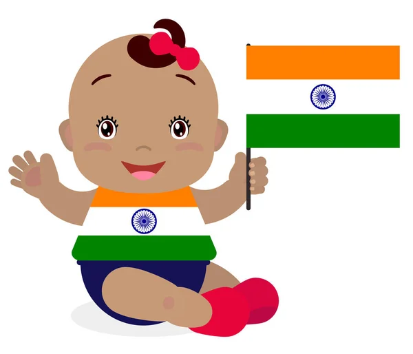 Bébé tout-petit souriant, fille tenant un drapeau de l'Inde isolé sur fond blanc . — Image vectorielle