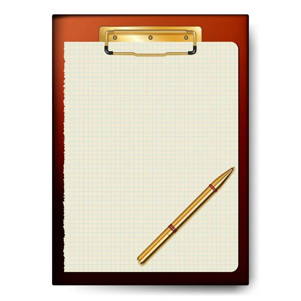 Klembord, papier vel, golden pen voor business planning, to-do lijst. — Stockvector