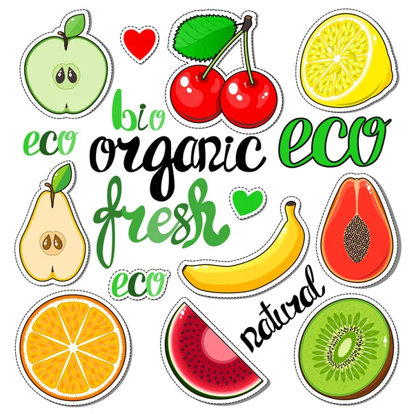 Stickers fruits : pomme, cerise, citron, poire, banane, mangue, orange, pastèque, kiwi . — Image vectorielle