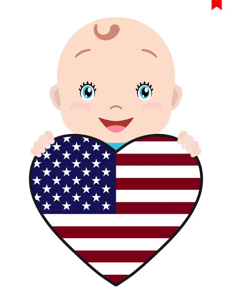 Visage souriant d'un enfant, d'un bébé et d'un drapeau américain en forme de cœur . — Image vectorielle