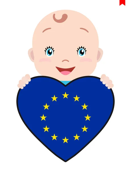 Volto sorridente di un bambino, un bambino e una bandiera dell'Unione europea a forma di cuore . — Vettoriale Stock