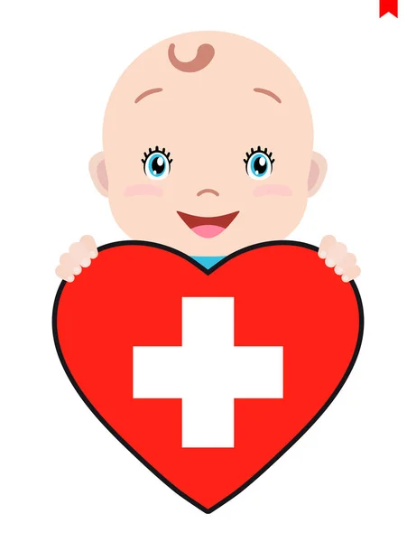 Flaga uśmiechniętą twarz dziecka, dziecko i Szwajcaria w kształcie serca. — Wektor stockowy