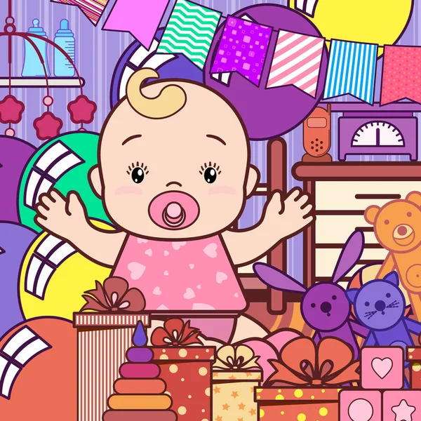Fundo festivo com um bebê alegre bonito em um quarto de crianças com balões, presentes, brinquedos . — Vetor de Stock