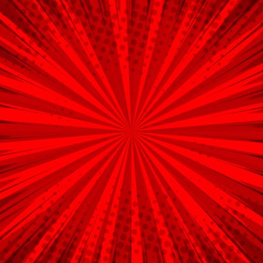 Tarz pop sanat tasarımı için soyut kırmızı arkaplan. Retro patlama şablonu. Işık ışını etkisi. Klasik çizgi roman tarzı, yarım ton modern baskı dokusu, vektör.