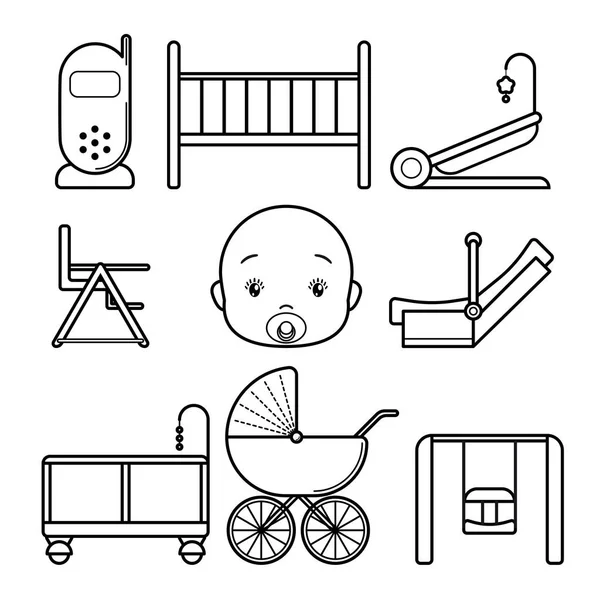 Set bébé icônes, art de ligne isolé sur un fond blanc. Poussette, manège, lit, moniteur, berceau, chaise haute, visage, siège auto, parc pour enfants, balançoire — Image vectorielle