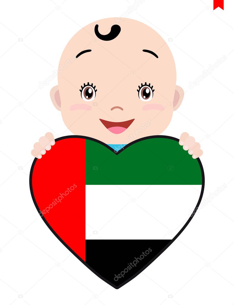 Smiling face of a child, a baby and a UAE flag in the shape of a heart. Symbol of patriotism, independence, travel, emblem of love.