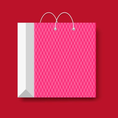 Kağıt çanta alışveriş, vektör pazarlama simgesi üzerinde kırmızı bir arka plan izole.