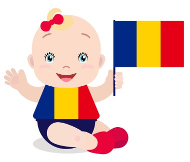 Gülümseyen bebek toddler, beyaz arka plan üzerinde izole bir Romanya bayrak tutan kız.