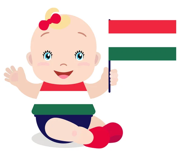 Criança bebê sorridente, menina segurando uma bandeira da Hungria isolada no fundo branco . — Vetor de Stock