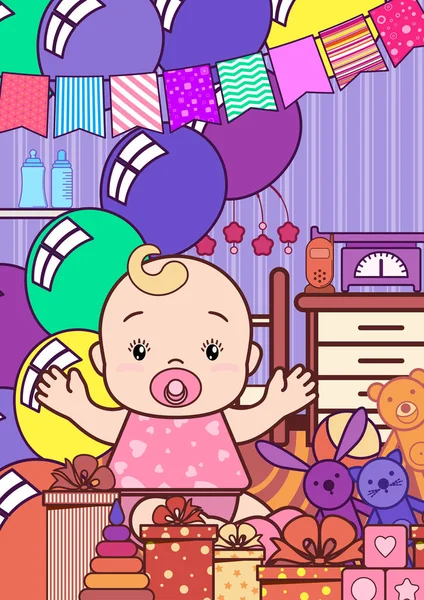 Εορταστική φόντο με ένα χαριτωμένο μωρό χαρούμενη στο παιδικό δωμάτιο — Διανυσματικό Αρχείο