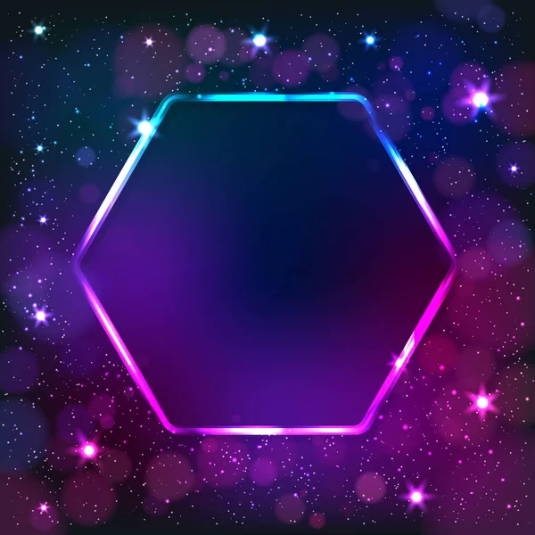 Colorful neon hexagon frame on a dark star background — Stock Vector
