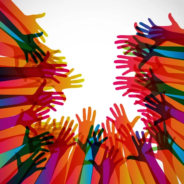 Colorful silhouettes hands up on a light background. — Stock Vector