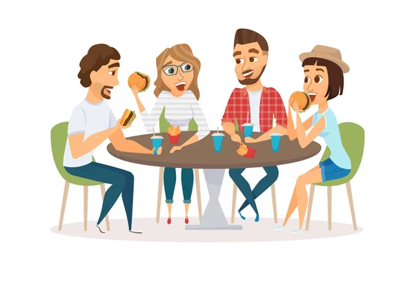 Amigos comiendo comida rápida — Vector de stock