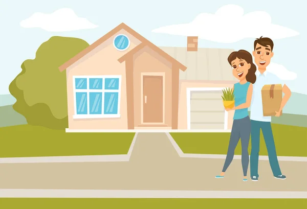 Couple debout devant une nouvelle maison — Image vectorielle