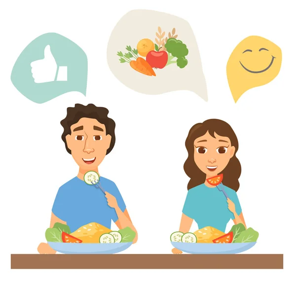 Pareja comiendo alimentos saludables — Vector de stock