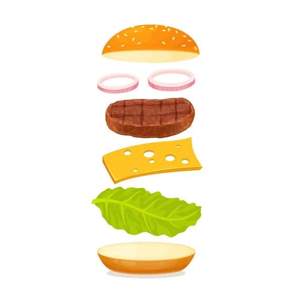 Hamburguesa con ingrediente flotante — Vector de stock