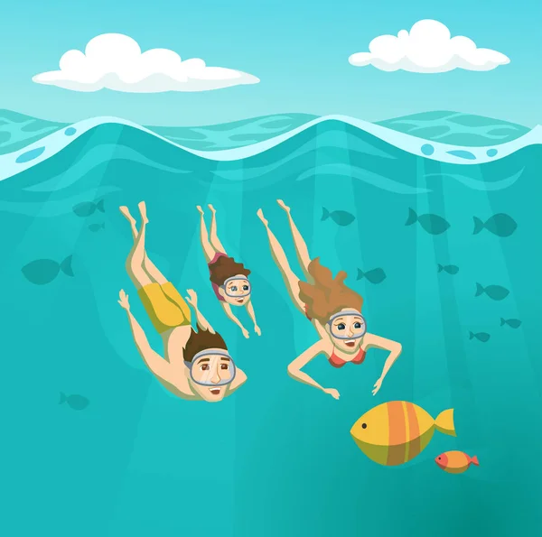 Familia nadando bajo el agua — Vector de stock