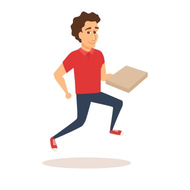 Kurye çalışır ve pizza kutusu tutar