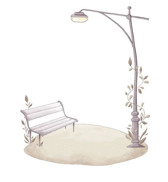 Wooden bench and Streetlight — Stock Vector