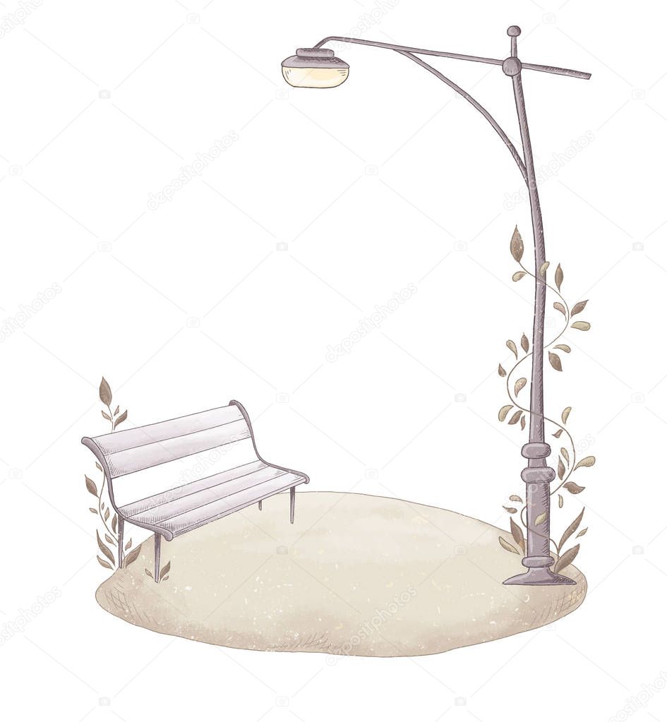 Wooden bench and Streetlight