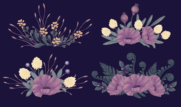 Conjunto de flores ramo de noche — Vector de stock