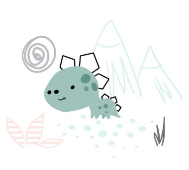 Dinozor bebek parmak izi. Dağ manzaralı tatlı dino çocuk.