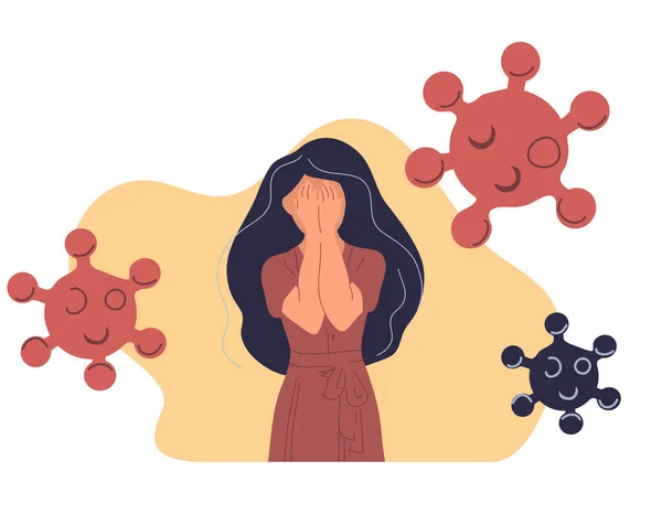 Las mujeres tienen ansiedad y miedo al virus corona. Imagen del virus Covid-19 — Archivo Imágenes Vectoriales