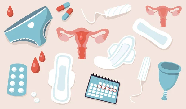 Períodos. Menstruación. Moderno vector de dibujos animados útero ilusración . — Vector de stock