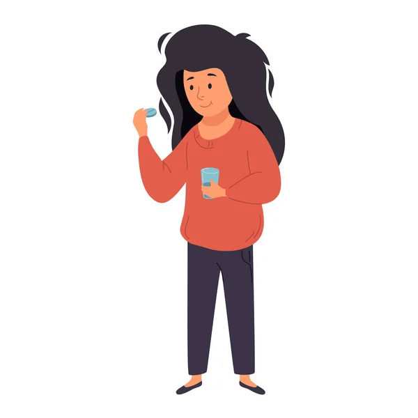 Une femme boit des médicaments. Elle tient une pilule et un verre d'eau dans ses mains — Image vectorielle