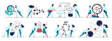 Biyokimya laboratuvarı personeli ile renklendirilmiş ikonlar. Araştırma bitkisi, DNA, genom.
