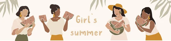 Sommer junge Frau hält Scheibe Wassermelone und redet. Feministisches Kunstkonzept lizenzfreie Stockillustrationen