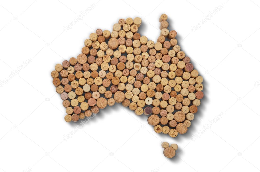 Countries winemakers - maps from wine corks. Map of Australia on white background.