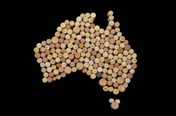 देश वाइनमेकर्स वाईन कॉर्क्सचे नकाशे. काळ्या पार्श्वभूमीवर ऑस्ट्रेलियाचा नकाशा . — स्टॉक फोटो, इमेज