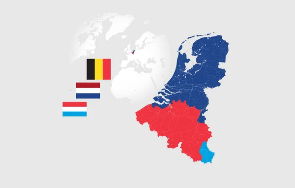 Karte der Benelux-Länder mit Flüssen und Seen und der nationalen — Stockvektor