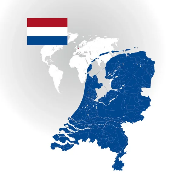 Carte des Pays-Bas avec rivières et lacs et drapeau national — Image vectorielle