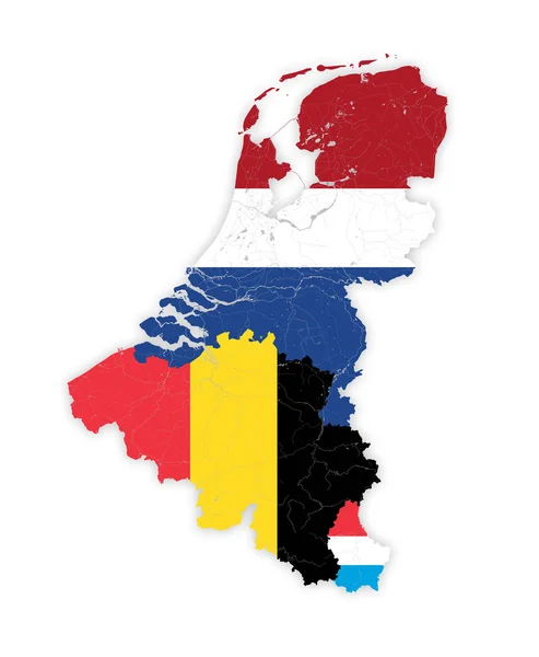 Karta över Benelux-länderna med floder och sjöar i färger av de nationella flaggorna. — Stock vektor