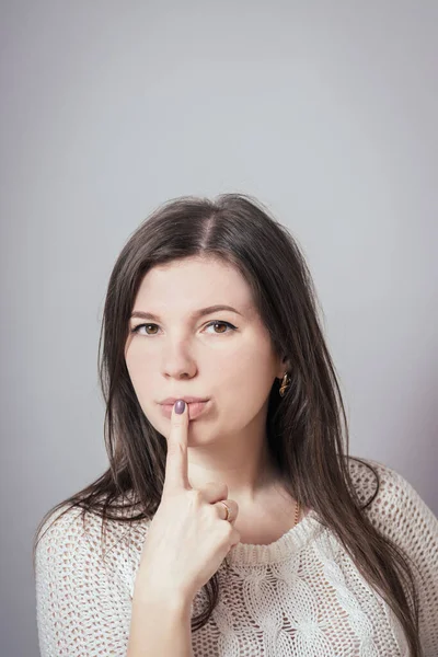 Pretty Girl Thought Keeps Finger Mouth — Stock Photo, Image