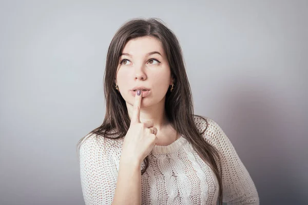 Pretty Girl Thought Keeps Finger Mouth — Stock Photo, Image