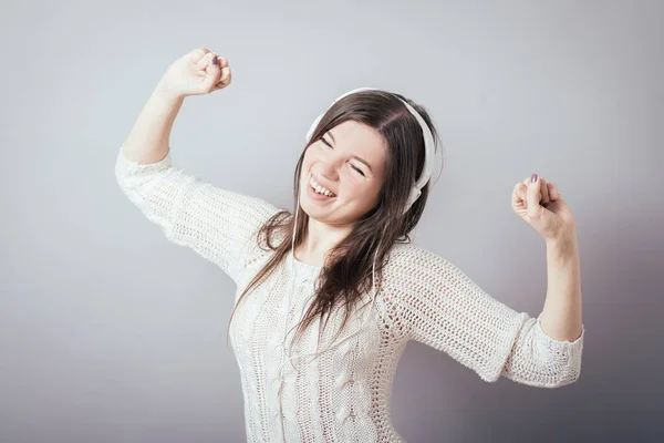 Mujer Joven Con Auriculares Escuchando Música Music Chica Adolescente Bailando —  Fotos de Stock