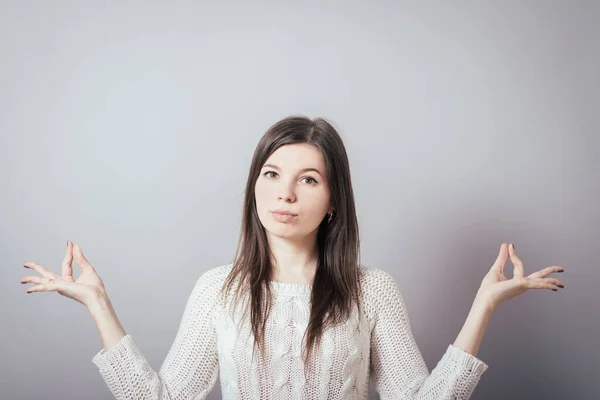 Girl Meditates Grey Background — Stock Photo, Image