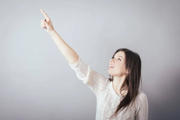 Chica Muestra Dedo Índice Algo — Foto de Stock