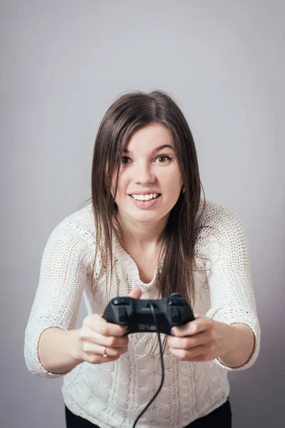 Foto Van Gelukkig Vrouw Met Joystick Spelen Video Games — Stockfoto