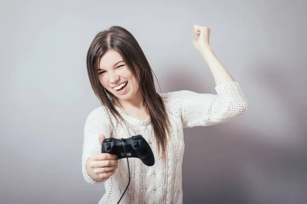 Foto Van Gelukkig Vrouw Met Joystick Spelen Video Games — Stockfoto
