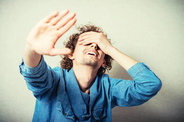 Innocent Man Showing Stop One Hand Showing Stop Other Closes — Stock Photo, Image
